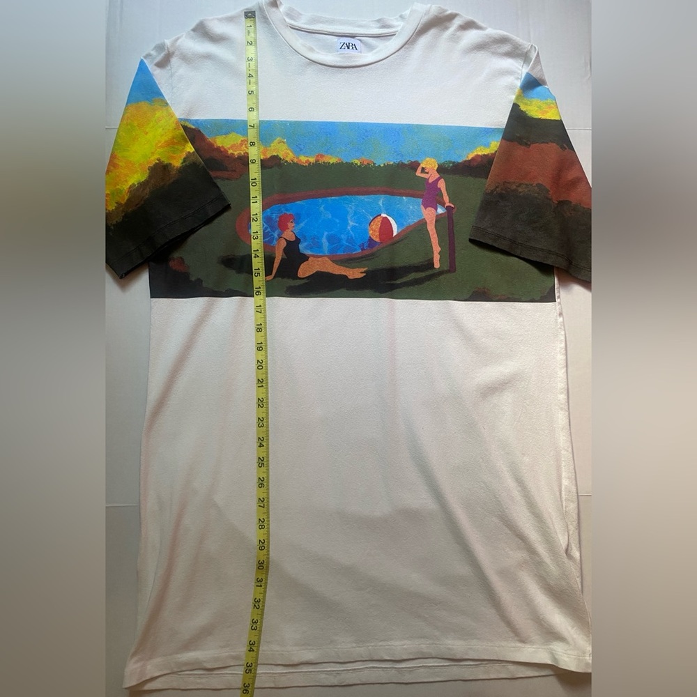 Zara White Graphic T-Shirt Dress Size M Art To Wear Vibrant Women By The Pool - Picture 7 of 9
